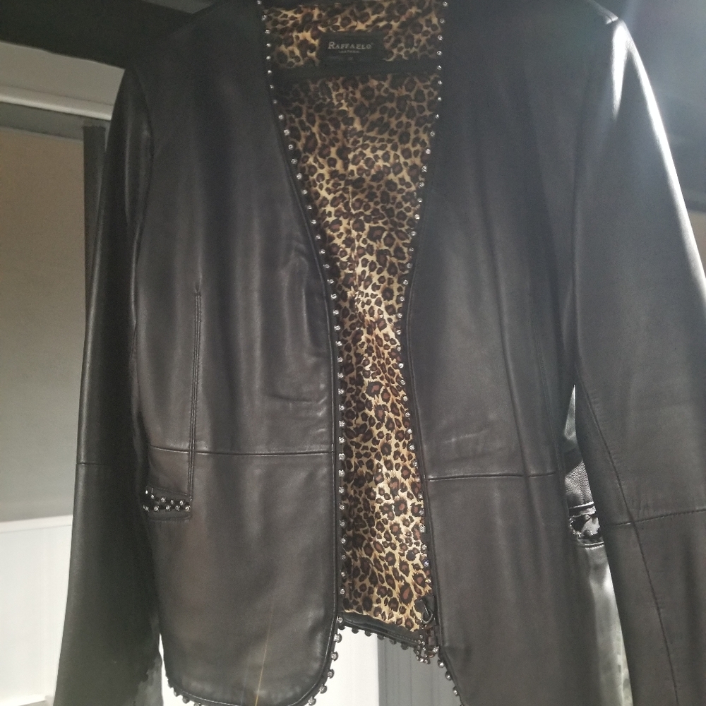 Black ladies leather jacket  with rhinestones on zipper and sleeves
